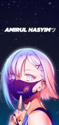 This phone live wallpaper showcases an intriguing anime-style drawing of a masked girl with blonde hair and starry eyes