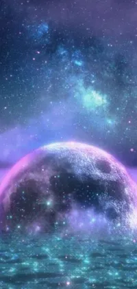 This is a stunning live wallpaper featuring a colorful and vibrant planet floating on a body of water under a moonlit purple sky