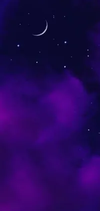 This stunning live wallpaper features a mystical, digital artwork depicting a purple night sky exquisitely dotted with twinkling stars and a delicate crescent moon