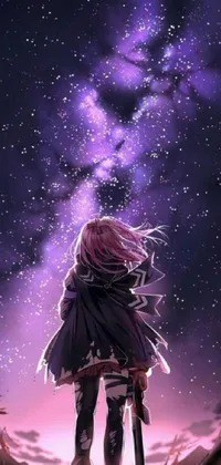 This live phone wallpaper depicts a serene scene of a girl gazing at the starry sky against a cosmic purple space backdrop