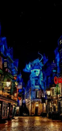 This wizard village live wallpaper for your phone features a vibrant but dreary blue color scheme with a fire breathing dragon in the center, a Harry Potter portrait in the background and a posterized color effect