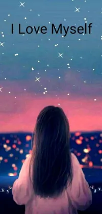 Looking for a stunning phone wallpaper that captures the magic of a city at night? Check out this beautiful image! The digital art depicts a stylish girl gazing out over a city skyline at sunset, with twinkling stars scattered through the sky