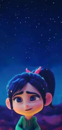 This phone live wallpaper showcases a cartoon girl in front of a night sky designed in a Pixar-realistic style