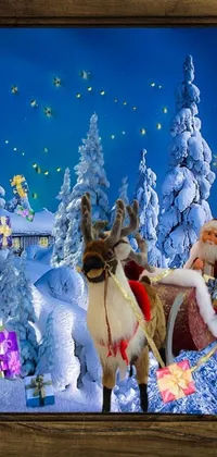 This live wallpaper for your phone features an enchanting scene of Santa Claus and his reindeer sleigh soaring through a snowy landscape