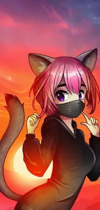 This captivating live wallpaper features an anime-style drawing of a pink-haired girl wearing a cat mask and black dress