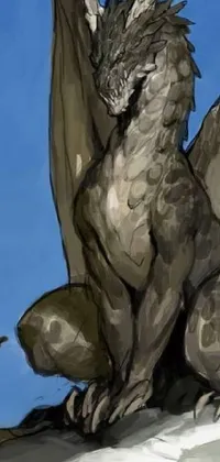 This phone live wallpaper depicts a furry dragon sitting on a rock