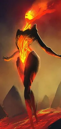 This stunning phone live wallpaper features a female figure standing on a rocky surface amidst swirling flames