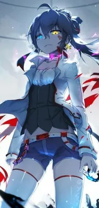 This live wallpaper features an auto-destructive art inspired anime drawing of an edgy teen assassin standing on a snow-covered ground