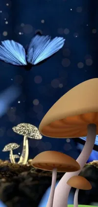 This phone live wallpaper features a magical digital image of mushrooms on a lush green field