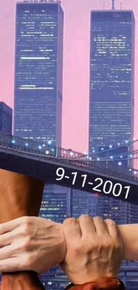 This live phone wallpaper depicts a group of people united by holding hands in front of a New York City bridge