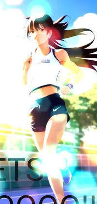 This phone live wallpaper features a vibrant 3D render of a woman happily running across a tennis court while holding a racquet