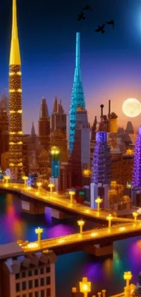 This digital live wallpaper showcases a vibrant cityscape at night with a scenic full moon in the background