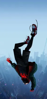 Add some excitement to your phone's home screen with this action-packed wallpaper! Watch as the iconic Spider-Man soars through the air above a bustling cityscape in the red and black costume that fans know and love