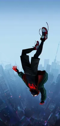 This phone live wallpaper features Spider-Man in his red and black suit, flying through the city while dodging obstacles and enemies