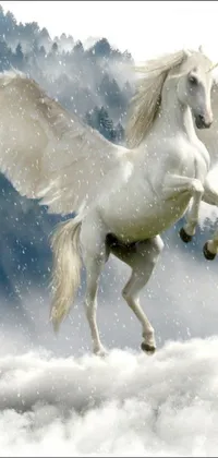Looking for a live wallpaper that is both magical and realistic? Look no further than this trending concept art featuring a white horse with two pairs of wings, standing on its hind legs in the snow