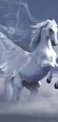 This phone live wallpaper features an exquisite illustration of a white horse with wings soaring across a dramatic sky