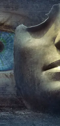This surrealism-inspired phone live wallpaper features a mesmerizing close-up shot of a statue with an eye in the background, set against a DMT space