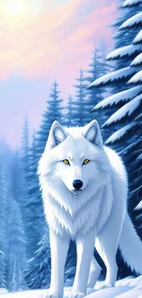 This stunning 4K HD live wallpaper features a white wolf in a snowy forest