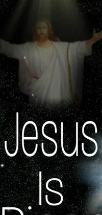 This vibrant live wallpaper depicts Jesus in deep space wearing a white robe with outstretched arms as he gazes at the stars above, with the phrase "Jesus is risen" written in capital letters at the top of the image
