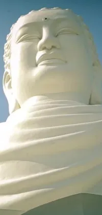 This live wallpaper depicts a beautiful white statue of the Buddha against a serene blue sky