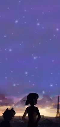 This phone live wallpaper showcases a delightful scene of two cats standing together amidst a starry sky in Paris