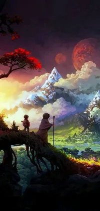 This animated phone wallpaper features a man riding a majestic horse near a towering tree in the midst of an epic mountain landscape