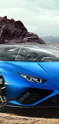 This live wallpaper showcases a blue Lamborghini convertible, driving on a desert road