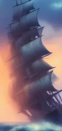 This phone live wallpaper showcases a tall ship gently floating on a body of water, featuring a blurred and dreamy illustration style for a calming ambiance