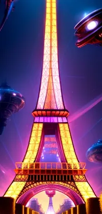 This live phone wallpaper depicts the Eiffel Tower lit up at night against a dark sky in vibrant and colorful cartoon art with a retrofuturistic touch