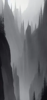 This black and white live wallpaper depicts stunning mountains, trees, and canyon streams in a mysterious and majestic fantasy landscape