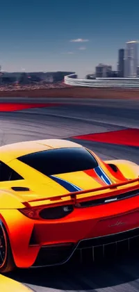 This phone live wallpaper portrays a sleek red and yellow sports car racing on a track in vibrant digital art