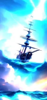 This vertical live wallpaper depicts a fantasy-inspired painting of a ship sailing in the middle of a thunderous ocean
