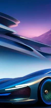 This dynamic live wallpaper showcases a futuristic vehicle racing along a winding road with majestic mountains in the backdrop