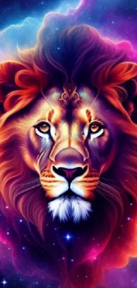 This phone live wallpaper boasts a colorful galaxy theme with a fierce lion donning a crown, designed with captivating digital art techniques