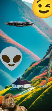 This live phone wallpaper features a captivating surrealist artwork depicting an alien being chased by a lion