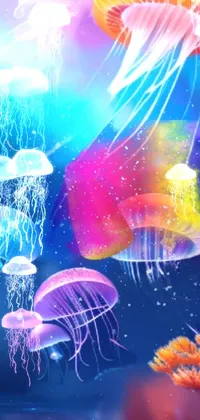 This stunning phone live wallpaper illuminates your screen with a mesmerizing display of jellyfish drifting effortlessly within an ocean of vibrant colors