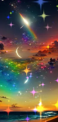 Discover a stunning live wallpaper for your mobile phone! With a vibrant rainbow decorating the ample night sky filled with shining stars, this beach scene is full of rich colors that evoke a sense of peace and serenity
