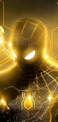 This dynamic live wallpaper features a close-up of a Spider-Man suit pulsating with electrical gold sparks and woven with shining threads