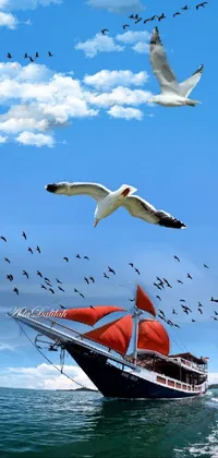 This live wallpaper features seagulls in flight over an ocean scene with a boat and a warm sun shining down