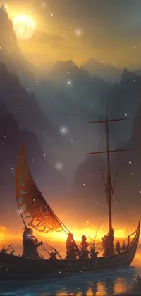 This phone live wallpaper features a group of travelers sailing in a Viking boat on a picturesque body of water