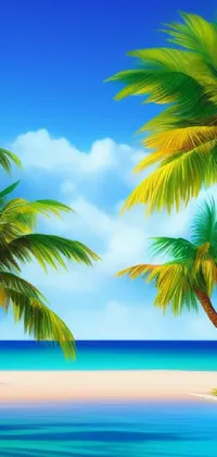 This phone live wallpaper depicts a sunny day at a tropical beach with palm trees, designed as a beautiful digital painting