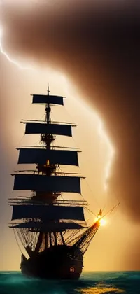 This phone live wallpaper captures the beauty of a tall ship sailing on a tranquil body of water