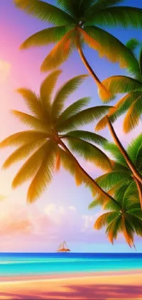 This phone live wallpaper showcases a picturesque beach with swaying palm trees and a small boat in the water