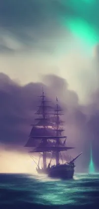 This amazing live wallpaper features a tall ship sailing atop a body of water under a stunning night sky