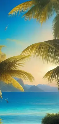 This live wallpaper depicts a sunlit beach scene with palm trees, captured in 8k resolution by a talented artist