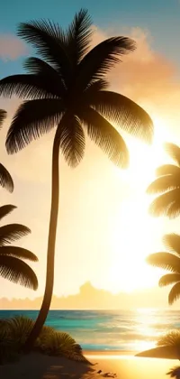 Looking for a stunning live wallpaper for your phone? Check out this tropical beach sunset wallpaper! With vibrant colors and realistic details, this digital rendering captures the beauty of a palm tree-lined beach at sunset