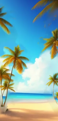 This mobile live wallpaper showcases a serene tropical beach with swaying palm trees and crystal-clear waters