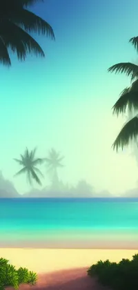 This breathtaking phone live wallpaper features a stunning digital rendering of a tropical beach, complete with swaying palm trees, soft waves gently washing onto the sand, and a misty, dreamy background perfectly designed for relaxation and calmness