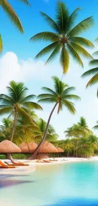 This phone live wallpaper features a stunning, digitally rendered beach with lush palm trees and sparkling blue water