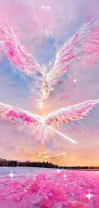 This phone live wallpaper features a stunning painting of a pink bird soaring in a clear blue sky with two angels
